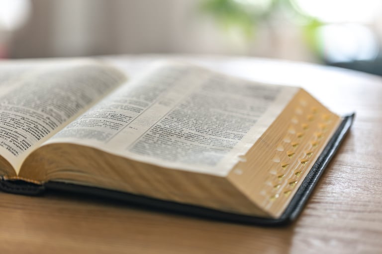 Biblia abierta con bordes dorados bajo luz natural
